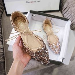 Rhinestone Ballerinas Flats Cross Lace Up Women Wedding Glitter Flats Shoes Stylish Cross Strap Sandals G220518