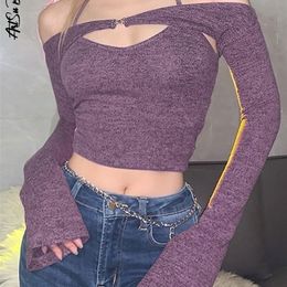 Y2K Top Women Long Sleeve T-Shirts 2 Piece Tops Halter Tanks Backless Crop Top Off Shoulder Tees Sexy Christmas Clothes 220514