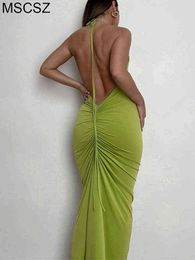 Halter Neck Backless Maxi Dresses For Women Summer 2022 Ruched Bandage Bodycon Dress Sexy Asymmetric Long Party Dress T220816