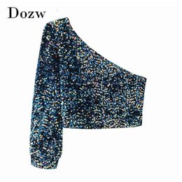 Women Sexy One Shoulder Sequins Blouse Skew Collar Chic Party Ladies Tops High Street Bling Tops Tunic Camisas Mujer SL 210414