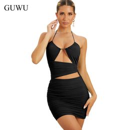 sexy short tight dress UK - Casual Dresses Women Summer 2022 Solid Ruched Bodycon Mini Dress Sexy Party Night Club Tight Short Hollow Out Backless Halter Black WhiteCas
