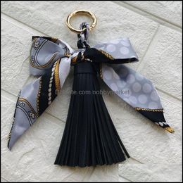 Silk Like Scarf Key Chain Faux Leather Tassels Keyring Daily Fashion Gift Pretty Handbag Charm Backpack Hanging Purse Pendant Drop Delivery