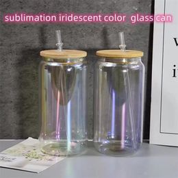 16oz Sublimation iridescent Mugs Glass Can Clear Frosted Rainbow Glasses tumblers with Bamboo Lid Straw Tumbler Chameleon changes Colour when cold