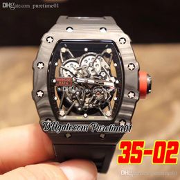 2022 NTPT Carbon Fibre Miyota Automatic Mens Watch All Black Skeleton Dial Red Crown Rubber Strap Super Edition Puretime01 3502B2