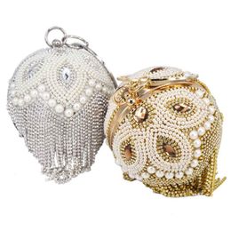 silver ball clutch Australia - Evening Bags Golden Silver Beaded Ball With Tassels Women Wedding Party Handbags Crystal Clutch Chain Shoulder