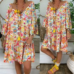 Summer Women Boho Dress V Neck Floral Long Sleeve Shirt Dress Dress Holiday Beach Plus Size S5XL T200604