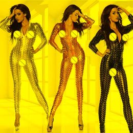 Women's Jumpsuits & Rompers Womens Jumpsuit Catsuit Romper Metallic Bodysuit Sexy Clubwear Stripper Leather Hollow Out Wetlook JumpsuitWomen