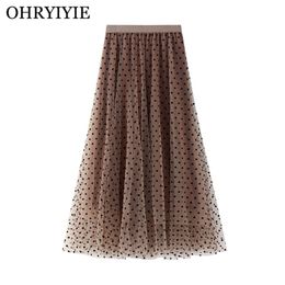 OHRYIYIE Polka Dot Spring Summer Tulle Skirts Women New Casual Elastic High Waist A-line Skirt Female Party Beach Midi Skit 210331