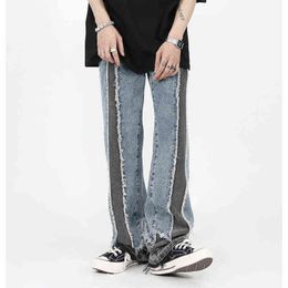 Ripped Tassel Retro Washed Color Match Jeans for Men and Women Straight Harajuku Spliced Loose Oversized Denim Trousers T220803