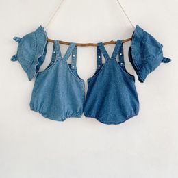 2PCS Denim Jumpsuits for Kids Overalls with Hat Sleeveless Baby Romper for Girls Boys Clothes Infant Outfit Set Toddler Clothing