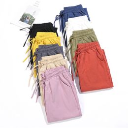 Black Pants Women Casual Harajuku Long Ankle Length Trousers Summer Autumn Plus Size Solid Elastic Waist Cotton Linen Pants 201113