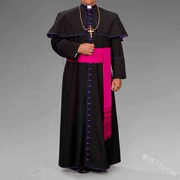 Costume Roman Black Priest Cassock Robe Belt Clergyman Vestments Medieval Ritual Robe Wizard Black Priest Robe Belt Waistsash Cosplay L220