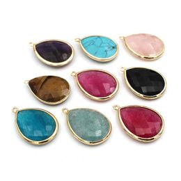 Pendant Necklaces 10pcs Gold Plated Double Faceted Drops Stone Pendants Turquoise Rose Quartz Blue Red Jade Charms For DIY Necklace JewelryP