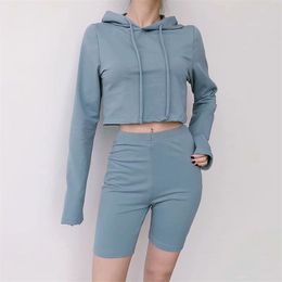 New Autumn Women Sets Long Sleeve Hooded Solid Crop top And Shorts Two Piece Set Womens 2 Pieces Tracksuit Casual Suits Outfits T200706