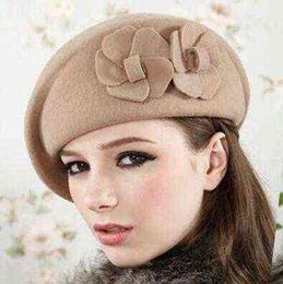 100 wool beret winter berets women winter felt beret Floral Women Felt French Beret Beanie fedora hat Beanie Winter Flower J220722