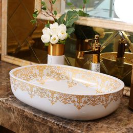 Handmade Countertop Basin Bathroom Sink Ceramic wash basin porcelain ceramic laundry sinks oval with gold pattern