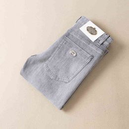 Spring 2022 and Summer Men's Light Blue Medium Waist Micro Elastic Small Straight Tube Boutique Simple Jeans