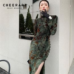 CHEERART Vintage Green Floral Bodycon Cheongsam Dress Long Sleeve Midi Ladies High Slit Dresses Fall Womens Fashion Clothes 220317