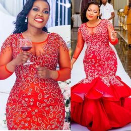 2022 Plus Size Arabic Aso Ebi Red Luxurious Mermaid Prom Dresses Sheer Neck Evening Formal Party Second Reception Birthday Engagement Gowns Dress ZJ670