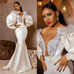 Gorgeous Mermaid Evening Dresses for African Deep V Neck Tiered Long Sleeve Shiny Beads Formal Party Illusion Prom Gowns