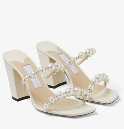 Summer Lxuxry Brands Amara Sandals Shoes For Women Nappa Leather Mules with Pearl Strappy Block Heels Comfort Fashion Slipper Walk6190398