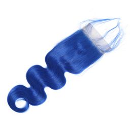 4x4 transparenter Spitzenverschluss nur farbiges blaues menschliches Haar vorgeplanter brasilianischer Körperwelle Remy Haare