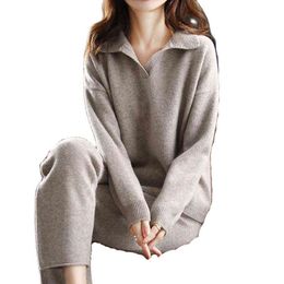 Nuovo vestito di lana invernale da donna maglione a collo alto allentato pantaloni a gamba larga moda maglia di lana a due pezzi marea T220729