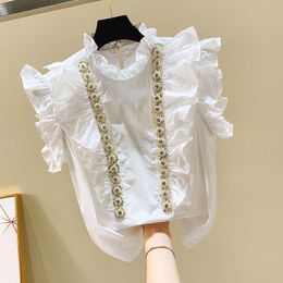 Women's Blouses & Shirts Spring Summer Korean Chic Sleeveless Blouse Sweet Ruffles Stand Collar Diamonds Beading Design Elegant BlusasWomen'