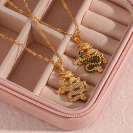 Pendant Necklaces Rhinestone Stone Pave Chinese Dragon Necklace For Women Stainless Steel Animal Dainty Jewelry 2022Pendant