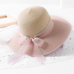 Wide Brim Hats HT1725 Patchwork Summer For Women Ribbon Bow Floppy Beach Hat Ladies Packable Panama Bucket Female Straw Eger22