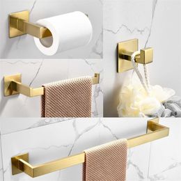 Brushed Gold Stainless Steel 4-piece Bathroom Hardware Kit Towel Bar Toilet Paper Rack Clothes Hook Bathroom Roll Paper Holder T200425