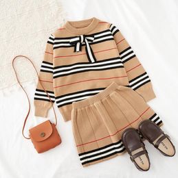Spring Autumn Baby Girls Clothing Sets Cute Girl Knitted Outfits Kids Striped Long Sleeve Sweaters+Skirts 2pcs Set Children Suit
