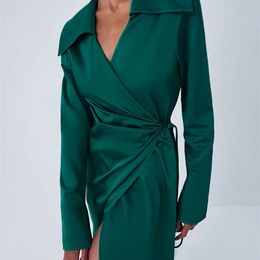 OOTN V-Neck Satin Wrap Elegant Long Dress Women Fashion Green Summer A-Line Mid-Cal Dresses Split Sexy Dress Office Lady 220511