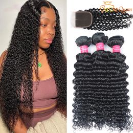 Indian Deep Wave Bundles With Closure 100% Human Hair Deep Curly 3 Bundles With closure Indain Hair Weave Bundles With Closure