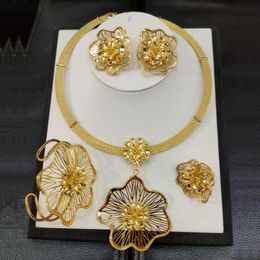 dubai gold pendants UK - Earrings & Necklace Exquisite Jewelry Set Flower Pendant Choker Bangle Ring Wedding Bridal Dubai Gold Color Sets For WomenEarrings