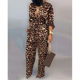 Sexy women romper Leopard Tied Waist Long Sleeve Jumpsuit T200509