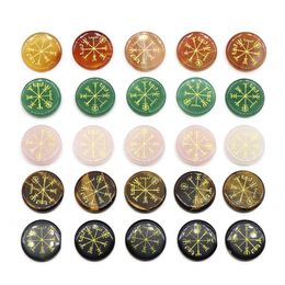 Chakra Gemstone Round Disc with Gold Vegvisir & Viking Symbol hand made Craved Palm Worry Thumb Stone Therapy Geometry Healing Coin Reiki Donut Energy Quartz Crystal