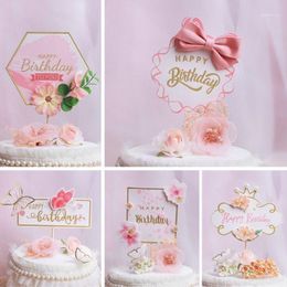 Other Festive & Party Supplies Happy Birthday Cake Topper Pink Bow Flower Butterfly Gold Dessert Decoration For Adult Kids Decor