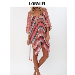 Casual V-Neck Batwing Sleeve Tassel Summer Women Tops Blouses Sexy Lace Up Side Split Women Beachwear Crochet Tunic Q828 220510