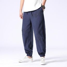 Men's Pants #8059 Summer Cotton Linen Men Embroidery Thin Streetwear Joggers Mens Elastic Waist Harem Loose Red Blue Black GreyMen's