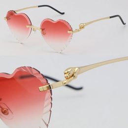 0402 New Model Heart Shape Face Rimless Metal Sunglasses Women Cheetah Series Diamond Cut Lens Outdoors Driving Red Lenses Glasses tend to have seven prep in global