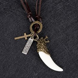 Animal Tooth Necklace Bronze Retro Letter ID Cross Charm Adjustable Chain Leather Necklaces for Women Men Fashion Jewellery