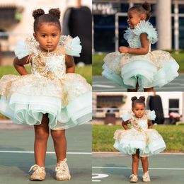 Sparkly Short 2022 Flower Girl Dresses For Wedding Beaded Crystal Lace Floral Knee Length Baby Wedding Guest Dress