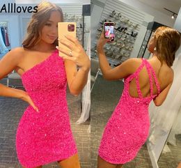 Fuchsia Sequined Bling Cocktail Homecoming Dresses One Shoulder Sexy Sheath Backless Short Prom Party Gowns Mini Club Wear Little Dress Robe de Soiree CL0580