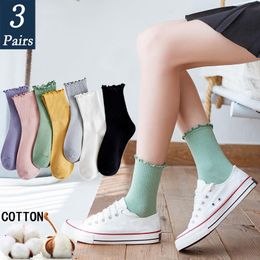 Socks & Hosiery Pairs Women Cotton Ruffle Frilly Black White Cute Autumn Winter Fashion Solid Colour Soft Happy Girl 2022