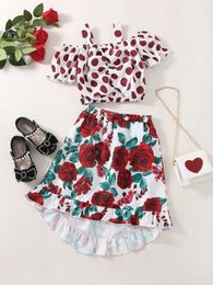 Toddler Girls Polka Dot Print Top & Floral Print High Low Hem Skirt SHE