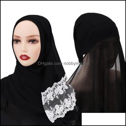 2021 Women Muslim Lace Solid Colour Jersey Hijabs Hooded Long Chiffon Islamic Shawl Head Scarf Underscarf Cap Drop Delivery Scarves Wraps H