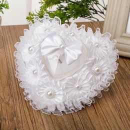 Snow Island 18x19cm Romantic Rose Wedding Ring Cushion Ring Box Heart Favors Wedding Ring Pillow with Elegant Satin Flower and Rhinestone 