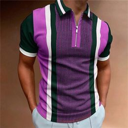 Men Polo Shirts Summer Print Casual Daily Short Sleeve Plaid Mens Polo Fashion Lapel Zipper Patchwork Street Clothes