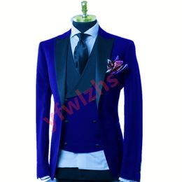 Men Suits Royal Blue Groom Tuxedos Peak Lapel Groomsmen Wedding/Prom/Dinner Man Blazer Jacket Pants Tie Vest w680